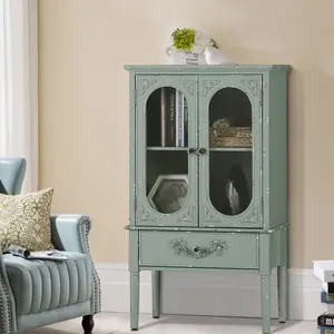PHI VILLA Buffet Cabinet with 2 Doors & 1 Drawer, Modern Farmhouse Design, Solid Wood Legs, Glass Doors, Mint Green Furniture Living Room Aesthetic Interior