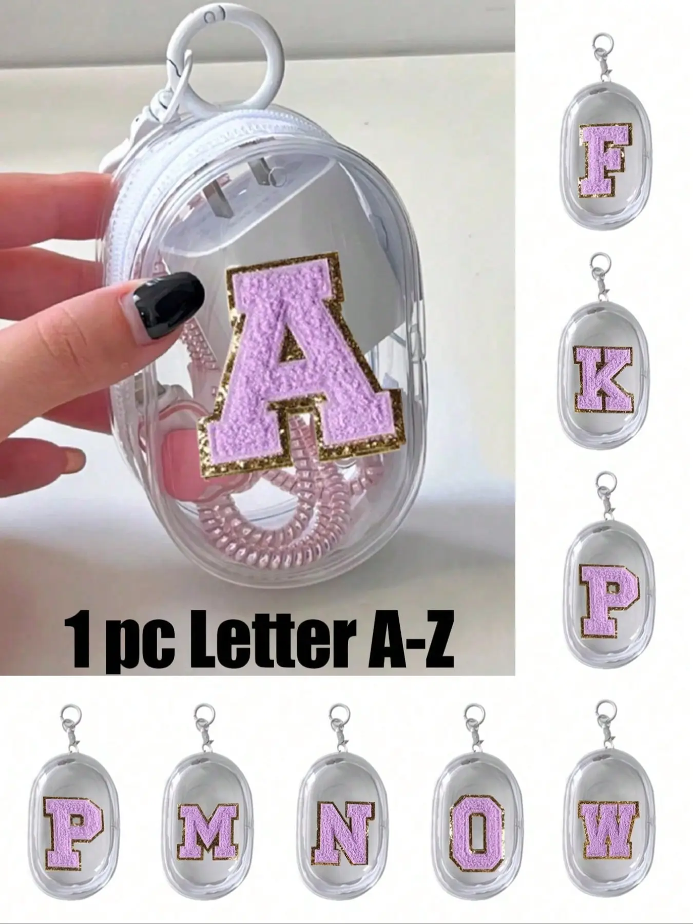 Portable Mini Transparent Zipper Storage Bag, Purple Towel Embroidered Letters A-Z, Compact Multifunctional Storage Device, Headphone And Charger Case With Keychain, Earphone Storage Bag, Suitable For Storing Small Items