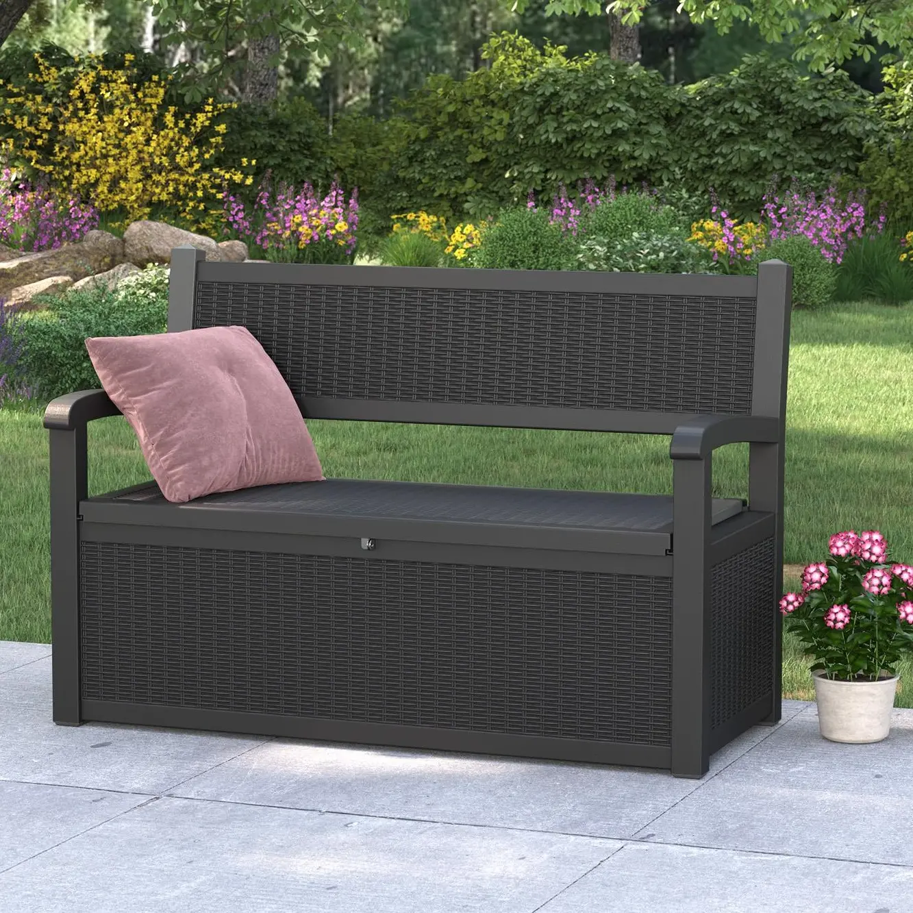 70 Gallon Weatherproof Outdoor Storage Bench, 2-in-1 Patio Rattan Textured Deck Box with Seating, Garden Furniture for Cushions, Tools, Balcony Use