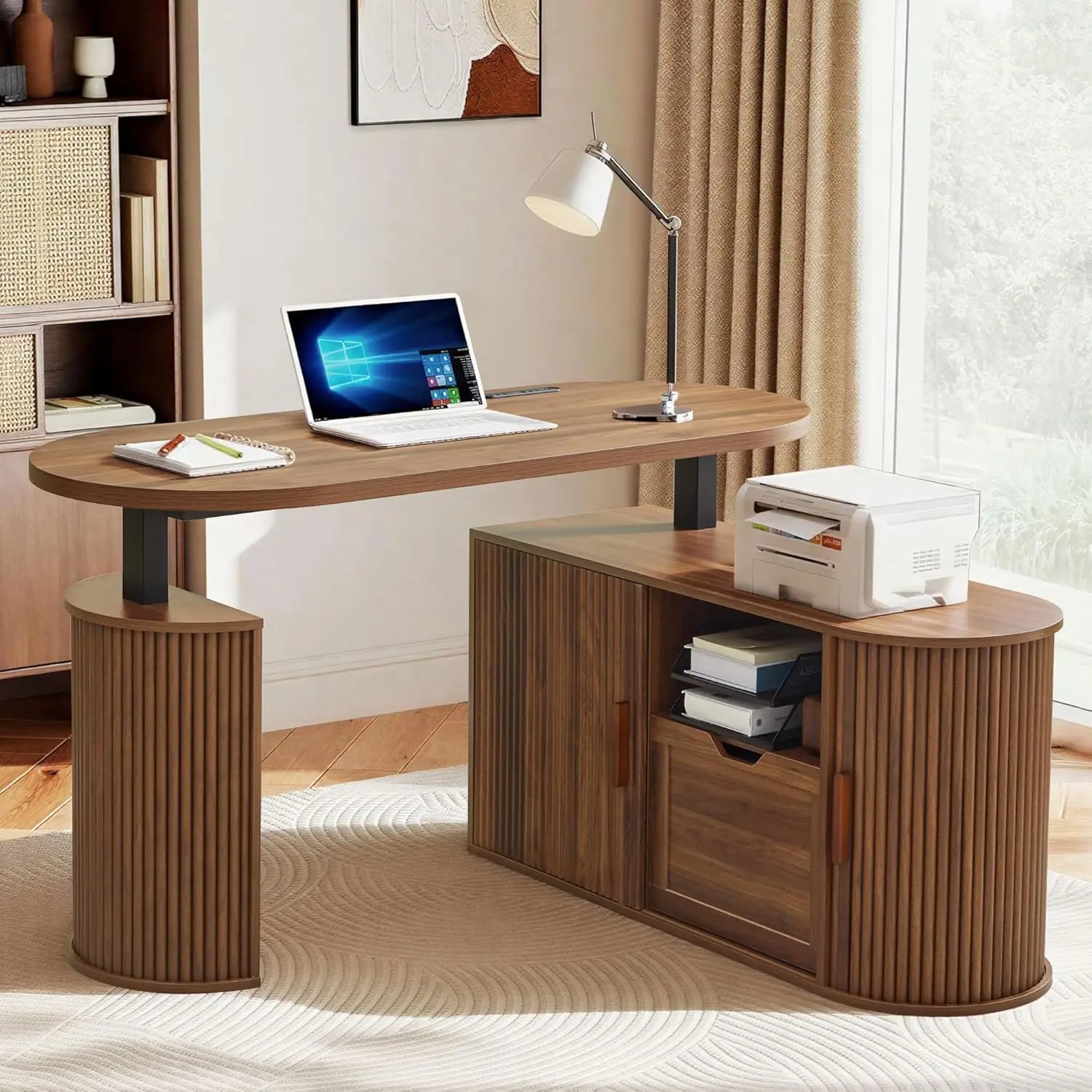 Giratree 55" L Shaped Standing Desk with Storage, Oval Electric Desk Height Adjustable Executive Desk with File Drawer, Fluted Wood Desk Office Sit Stand up Desk for Work, Study, Writing