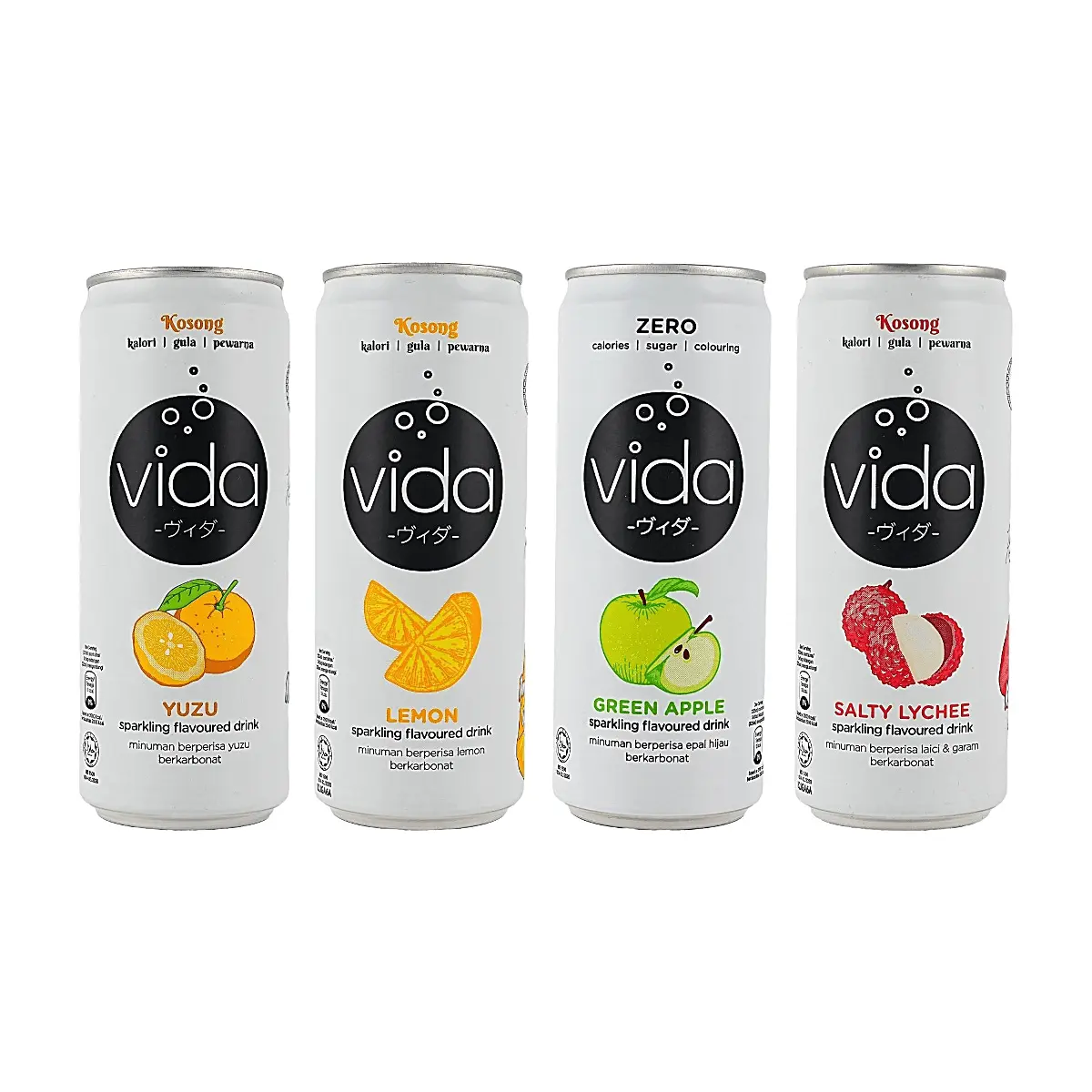 VIDA Malaysia Sparkling Drink Variety Pack - 4 Flavors (Pomelo, Lemon, Green Apple, Salt Lychee) 1.3L x 4 Cans - Zero Sugar, Zero Calorie, Zero Fat