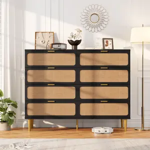 Garvee Rattan 8 Drawer Tall Dresser with Deep Drawers, Large Wooden Chest for Bedroom, Closet, Living Room, Hallway with Wide Top Surface