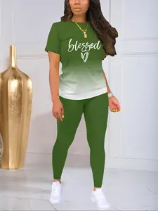 Women's Ombre Print Tee & Skinny Pants Two-piece Set, Casual Short Sleeve T-shirt & Trousers, Ladies Summer Clothes for Daily Wear