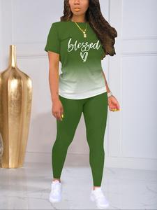 women's ombre print shortsleeve tee & skinny pants, casual fitted short sleeve t-shirt & trousers, 2 piece sets women, ladies summer clothes for daily wear, summer 2 piece set, outfit sets women, crewneck clothing sets, workout sets women everyday