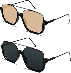  Retro Oversized Aviator Sunglasses for Women Men – Square Double Bridge Pilot Sun Glasses, 70s Trendy Shades  – Vintage Metal Frame, Large Lens, Classic Gold or black Tone – Unisex, Lightweight – Perfect for Driving, Beach, Travel, or Daily Fashion