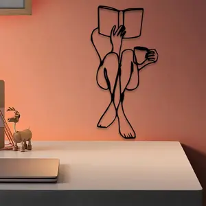 1pc Reading Woman Metal Wall Art, Minimalist Design, Book & Coffee , Perfect for Living Room Wall, Birthday Gift, Ideal for Book Lovers, Durable Metal