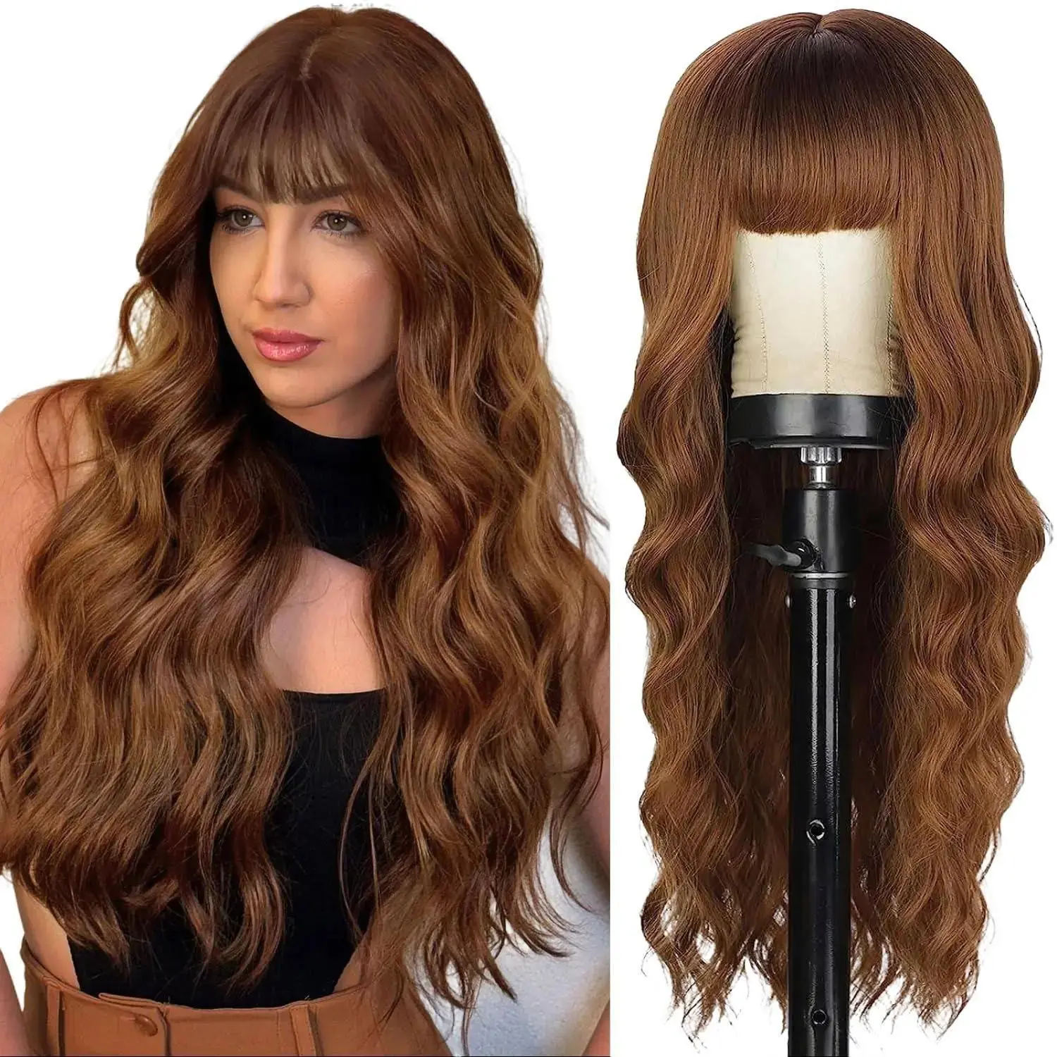 AISI HAIR New Auburn Ginger Ombre Loose Wave Wig with Bangs, Women's Long Heat-Resistant Synthetic Full Wig for Daily Use, High-Quality Fiber