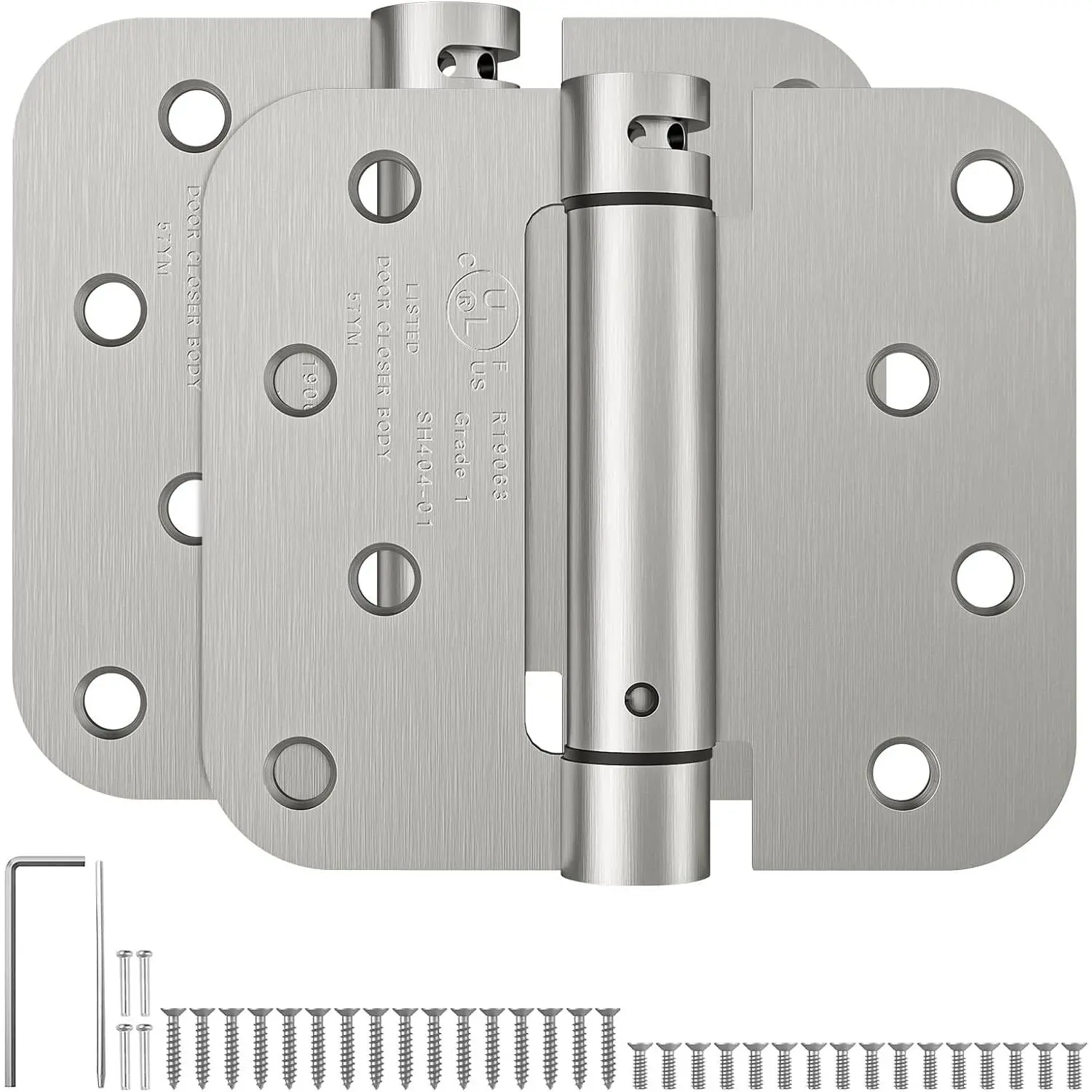 Brushed Nickel Metal Door Hinges, 4 In, Self-Closing Spring-Loaded, Adjustable Tension, 5/8'' Radius Corners, UL Listed, Left/Right Hand, 85 to 100 lbs Capacity, Easy to Install, 2 Pack, Front Door, Back Door