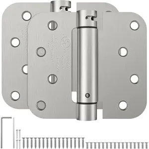 Self Closing Spring Loaded Hinges, 4 Inch, Adjustable Tension for Garage, Front, Back Door, UL Listed, Left and Right Hand, 5/8'' Radius Corners, Brushed Nickel, 2 Pack
