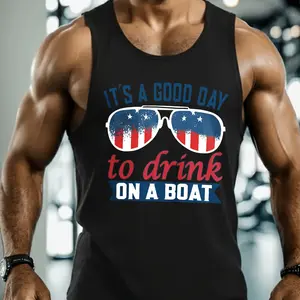 A Fitness Vest That Allows for Airflow, It'S a Perfect Day to Enjoy Drinks on a Boat Adorned with an American Flag And Glasses, Ideal Gifts for Valentine'S Day, Father'S Day, And St. Patrick'S D2026 Summer Unisex Vest/Fitness Casual Printed T-Shirt