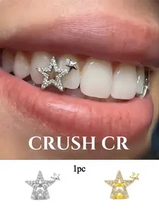 CRUSH CR Girly Y2K Double Star Tooth Cap, Tooth Gems 1pc for Women Teens, 18K Gold/Silver Plated Double Star Design with Full Pave CZ Stones, Hypoallergenic Lightweight Removable Grillz, Ideal for Festival Fits, Rave Outfits