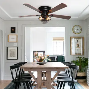 Parrot Uncle 48" Ummuhan Industrial Flush Mount Ceiling Fan with Lighting Matte Black Metal Frame Bright LED 5 Blades Remote Control for Large Spaces