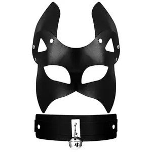 OIDEA Women's Leather Masquerade Fox Mask Set - Comfortable, Lightweight Eye Mask with Adjustable Belt & Bell Collar Choker, Party Event Props for Costume Parties