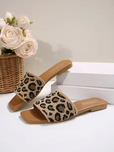 Women's Flat PU Leather Shoes, Leopard Print Strap Casual Slippers, Lightweight Comfortable Daily Wear, Professional Design, Boho Style Slides