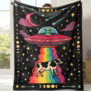 Soft Flannel Throw Blanket with Cute Alien Cow Print - Cozy Plush Fleece for Home, Office, Travel & Picnic - Unique Bedding Accessory & Novelty Gift Idea