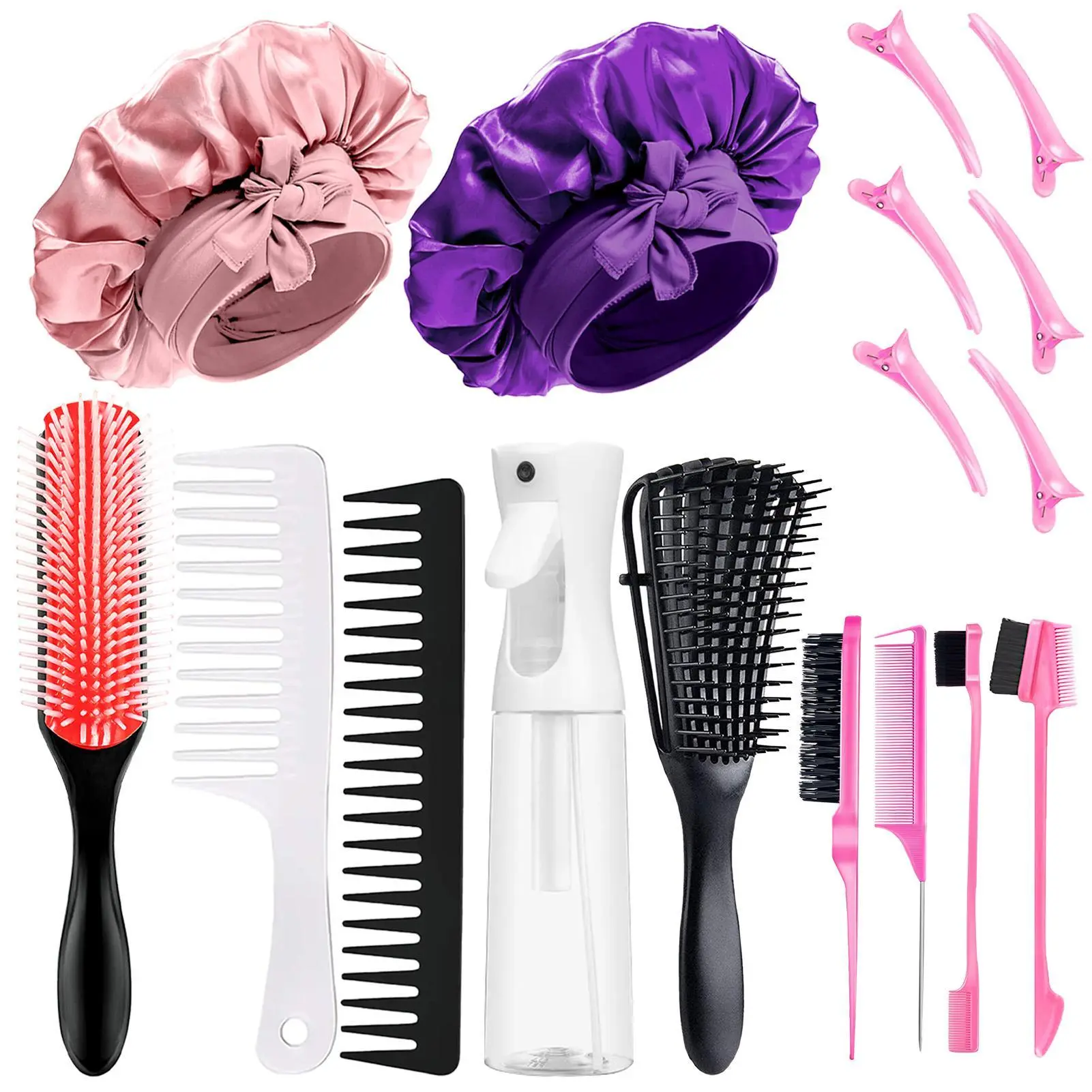 17 Counts Hair Brush Set for Women Men Kids Detangler Brush Wide Tooth Comb Nylon Bristle 9-Row Brush Satin Bonnet Styling Tools Purple Love At First Find Detangling Hairbrush Anti Static Hairbrush