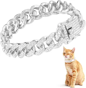 Cat Chain Collar, Diamond Cuban Link Kitten Walking Collar with Secure Buckle 14mm Wide Pet Rhinestones Necklace Metal Chain Jewelry Accessories for Cats Dogs Kittens Puppies 8inch(Silver)