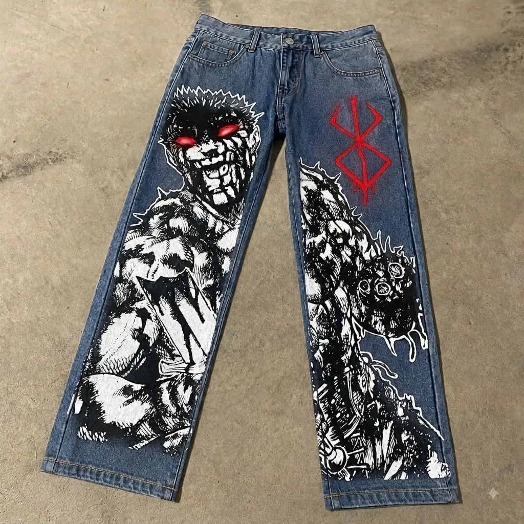 GLORY THREAD Berserk Inspired Graphic Wide Leg Jeans, Dark Fantasy Vintage Streetwear Denim Pants, Oversized Y2K Baggy Trousers, Premium Washed Denim Aesthetic Casual