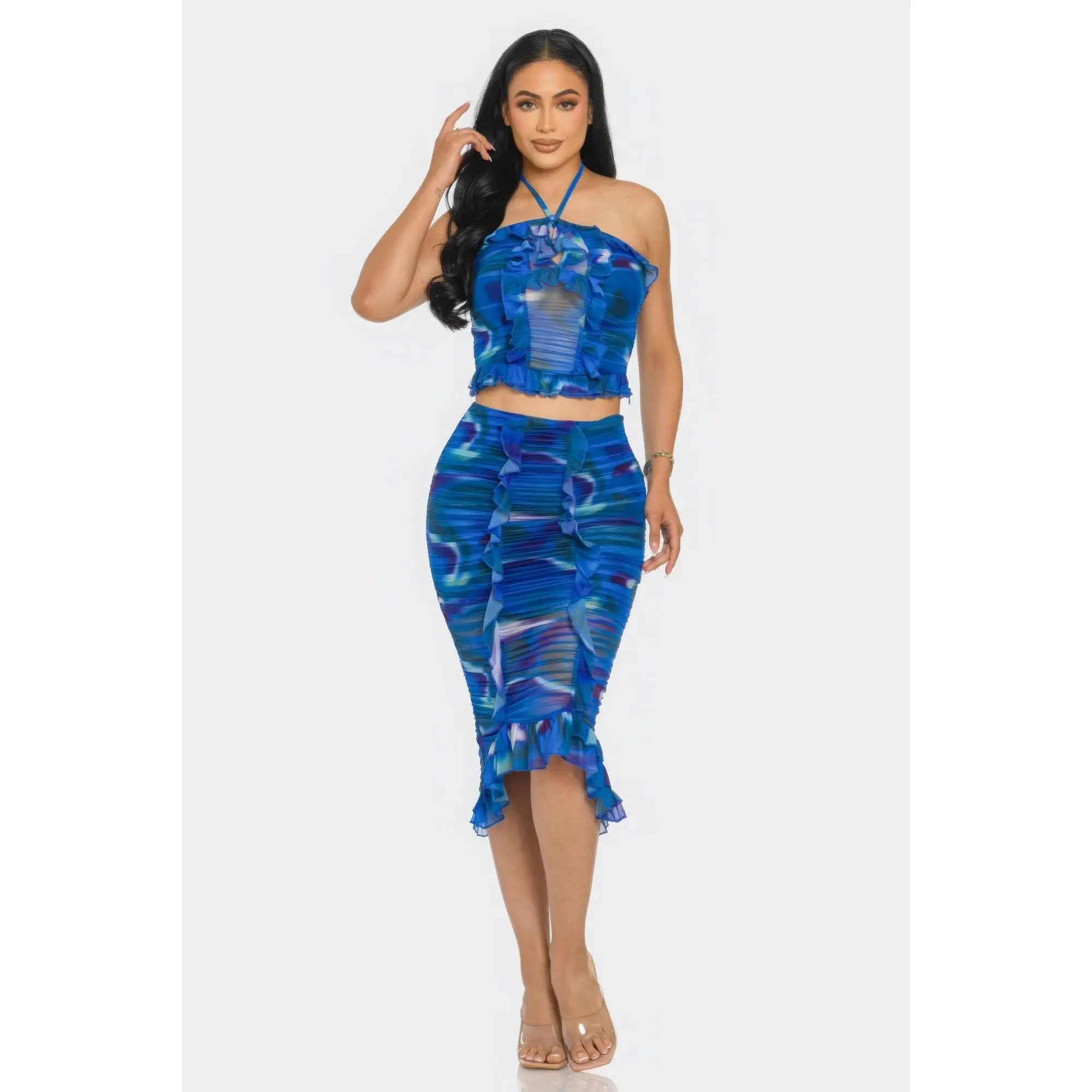 Women's Tropical Waters Print Mesh Ruffle Halter Skirt Set, Beachwear Essential, Lightweight Modest Day Outfit