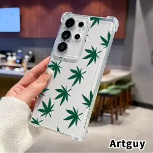 Phone Case for Samsung Galaxy S25 S24 S23 Plus FE S22 Ultra Transparent Anti-Yellowing Protective Cover Clear Four Corners Green Leaf Pattern Printed Anti-drop Shockproof Cellphone Casing