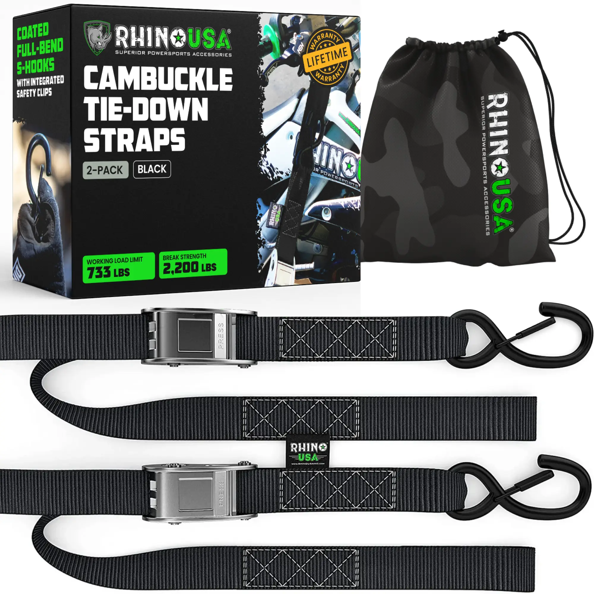 Rhino USA Motorcycle Tie Down Straps 1.5"x88' Lab Inspected 2,200lb Break Strength, Steel Cambuckle Tiedown Set with Integrated Soft Loops