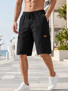 Men's Casual Linen Utility Cargo Shorts, Loose-Fitting Plain Design, Ideal for Summer Beach Holidays, Comfortable Short Clothing