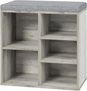 【Christmas Gift】Gray 20 Inches Shoe Bench with Cushion Shoe Rack Bench Ten Cubbies Storage Entryway Bench with Adjustable Shelves Cabinet Organiser Installation