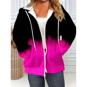 Plus Size Ombre Hooded Casual Jacket, Polyester Knit Fabric with Slight Stretch, Zippered autumn Fall/Winter Coat Spandex Womenswear Long Sleeve Gradient Pullover Sweatshirts trendy fashion outfit cozy  clothes