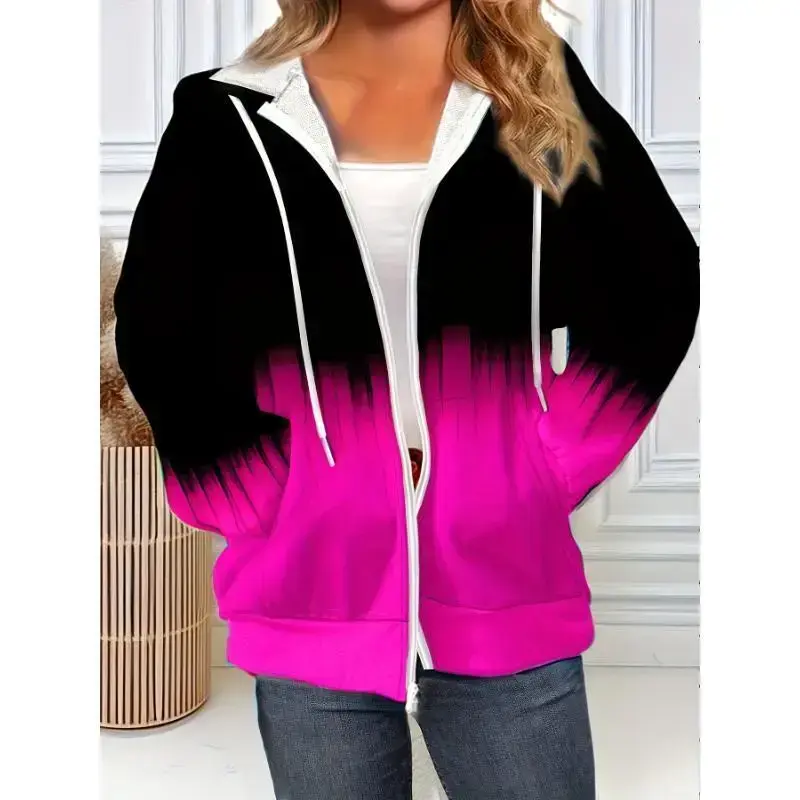 Plus Size Ombre Hooded Casual Jacket, Polyester Knit Fabric with Slight Stretch, Zippered autumn Fall/Winter Coat Spandex Womenswear Long Sleeve Gradient Pullover Sweatshirts trendy fashion outfit cozy clothes Plus Size Ombre Hooded Casual Jacket, Polyester Knit Fabric with Slight Stretch, Zippered autumn Fall/Winter Coat Spandex Womenswear Long Sleeve Gradient Pullover Sweatshirts trendy fashion outfit cozy clothes