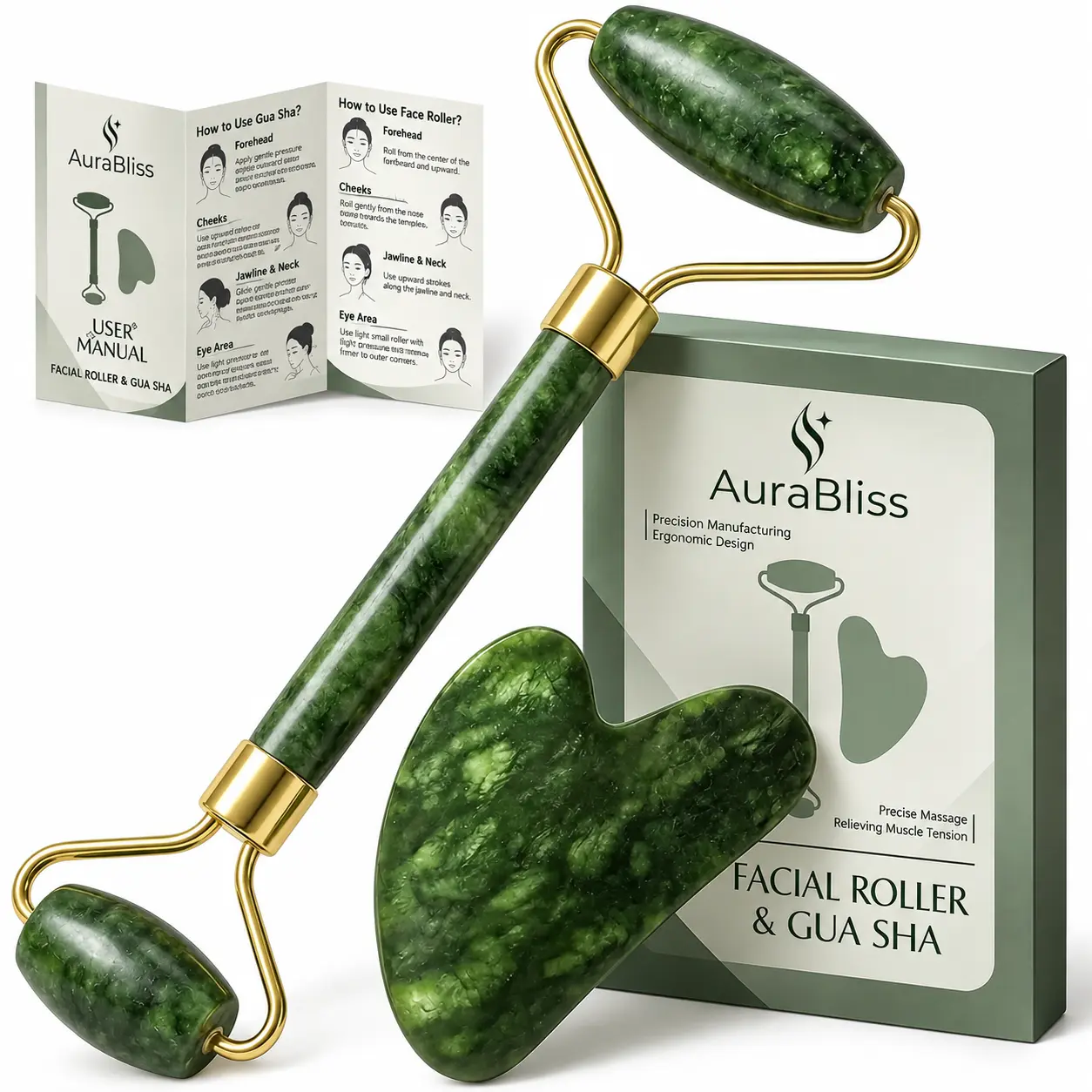 Face Roller & Gua Sha Facial Tools, Face Massager for Self Care, Jade Roller for face, Jawline Sculpting and Puffiness Reducing