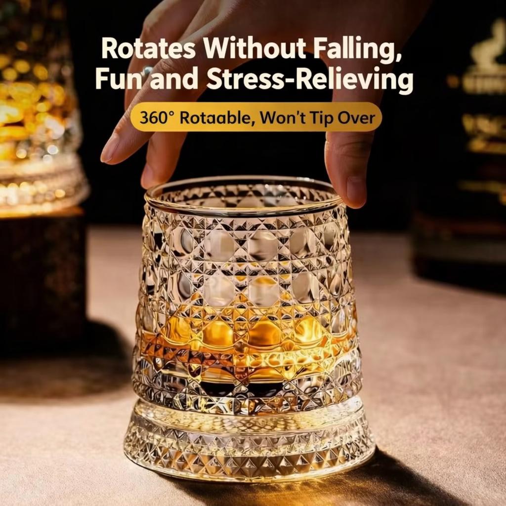 Spinning Whiskey Glass 360° Rotating Crystal Tumbler with Stable Base, Unique Tumbler Gift for Men, Crystal Old Fashioned Tumbler