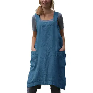 Women's Pinafore Apron Cross Back Apron with Pockets Cotton Linen Apron Dress Plus Size