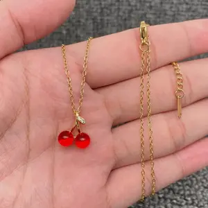 Cherry Charm 18K Gold Plated Necklace - Waterproof, Tarnish Proof, Hypoallergenic, Dainty Design choker metal coating woman jewelry atolea girly  accessories
