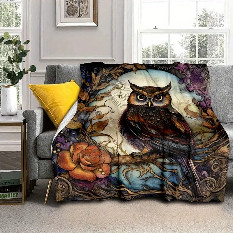 Vintage Dark Floral Owl Blanket, Gothic Forest Owl Branch Rose Antique Art Print Fleece Throw Blanket, Goblincore Witchy Cottagecore Aesthetic Cozy Blanket For Bedroom Decor