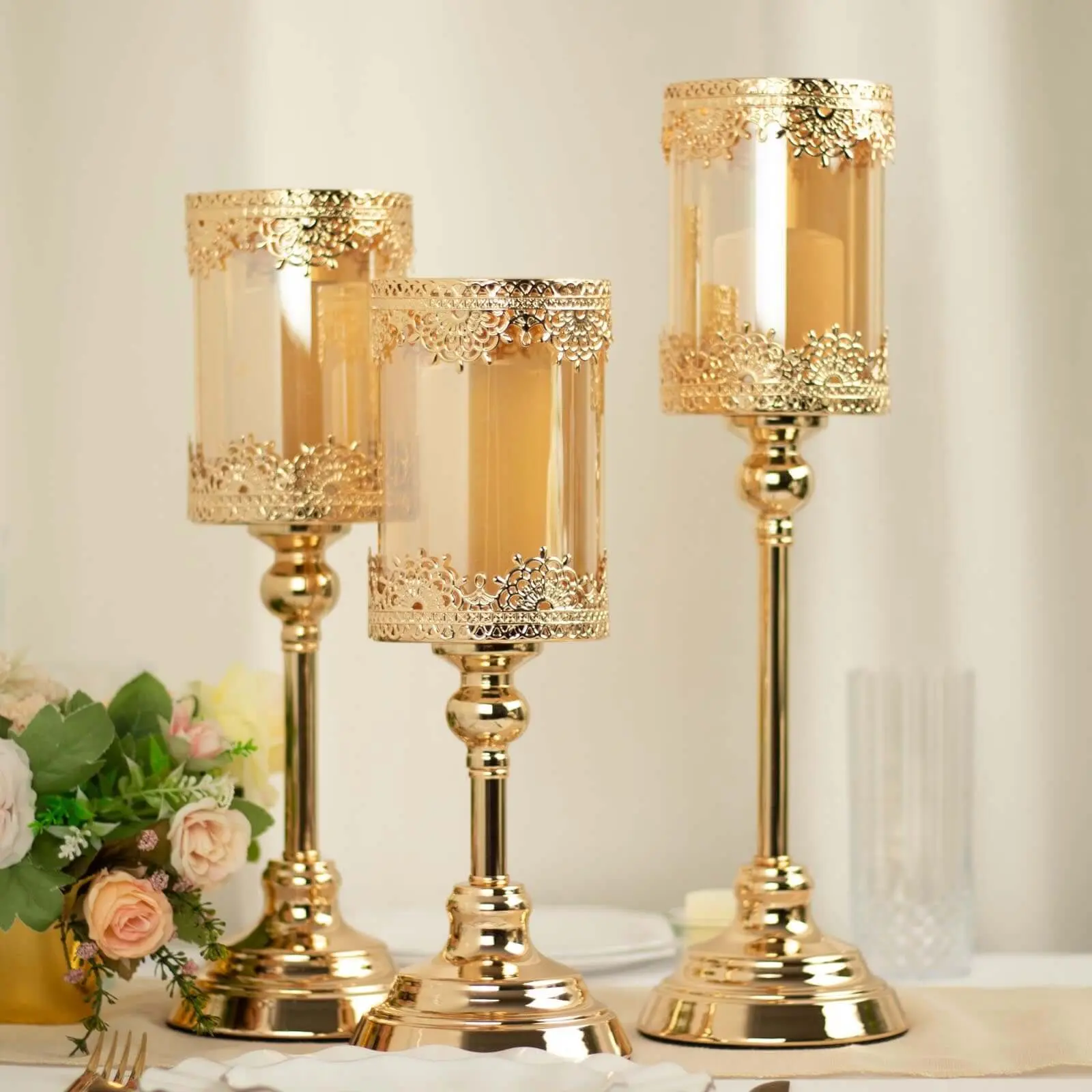 Vintage Chic 3-Piece Antique Gold Lace Candle Stand Set - 13in,15in,17in with Hurricane Glass Shades, Table Pillar Holders for Events, Anniversary Gift, Home Decor Interior Decoration Accessories