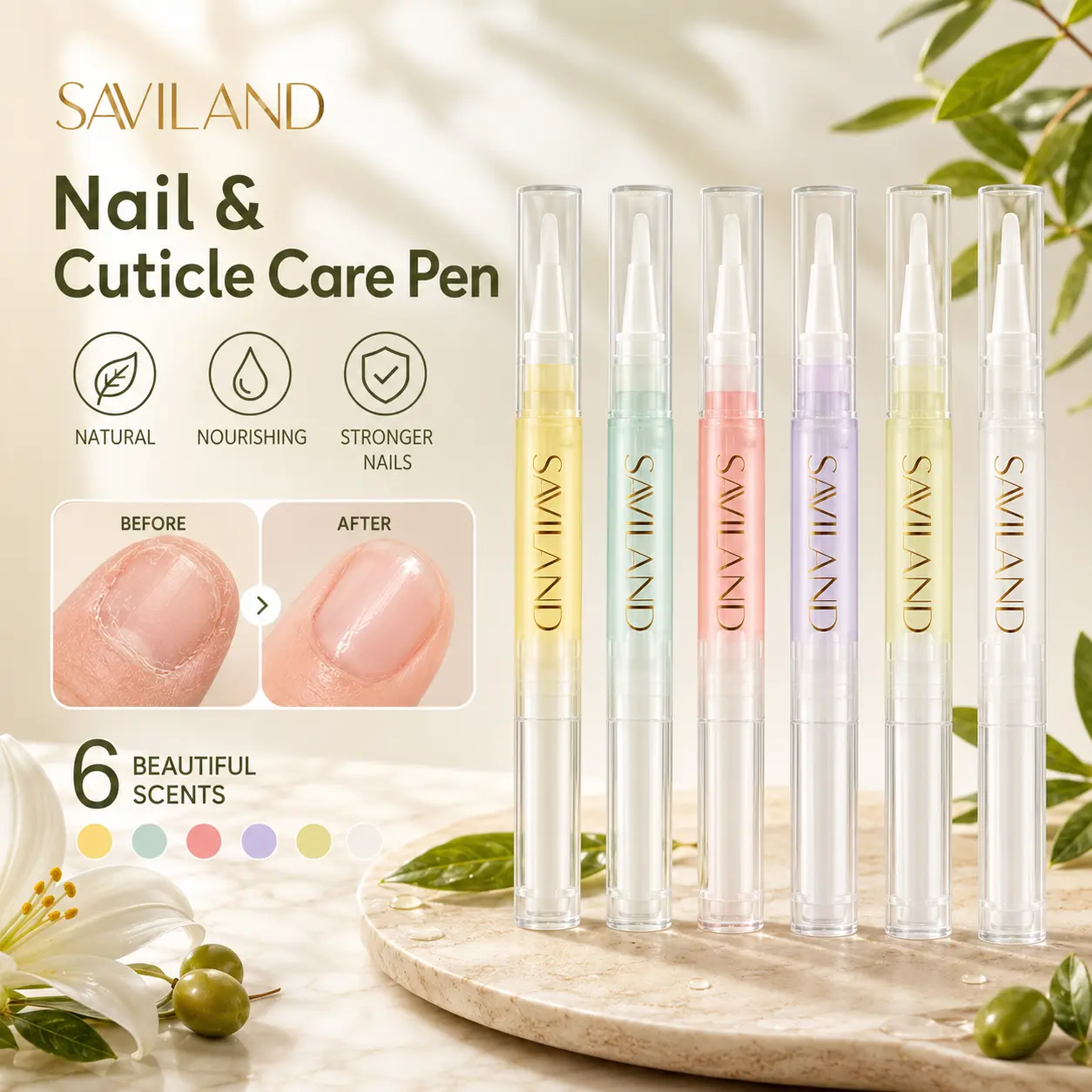 SAVILAND 6PCS Natural Cuticle Oil Pen Vitamin E Repairs & Softens Cuticles Strengthens Nails & Protects Damaged Skin for Healthier Nails Overnight