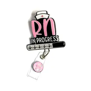 RN IN PROGRESS Badge Reel, Retractable Swivel Alligator Clip, Nurse Gift, 2”