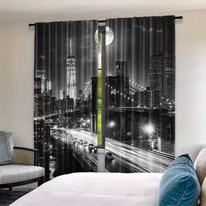 2pcs City Night Scene Print Curtains, HD Digital Printing, Rod Pocket Installation, 100% Polyester, All-Season UV Protection Decorative Drapes, Home Decoration Curtain, Window Curtain