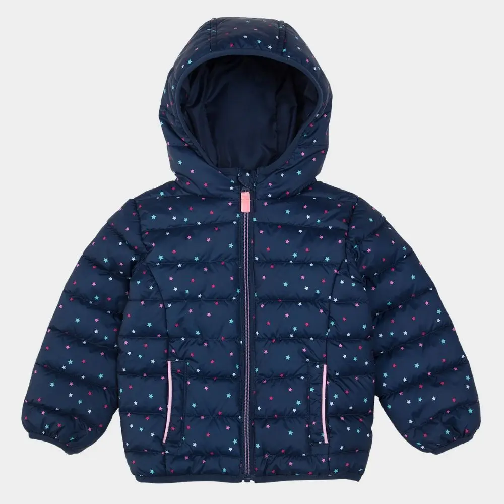 ROKKA&ROLLA Toddler Girl's Lightweight Navy Star Print Polyester Puffer Jacket, Hooded & Water-Resistant, Ideal Baby Shower Gift