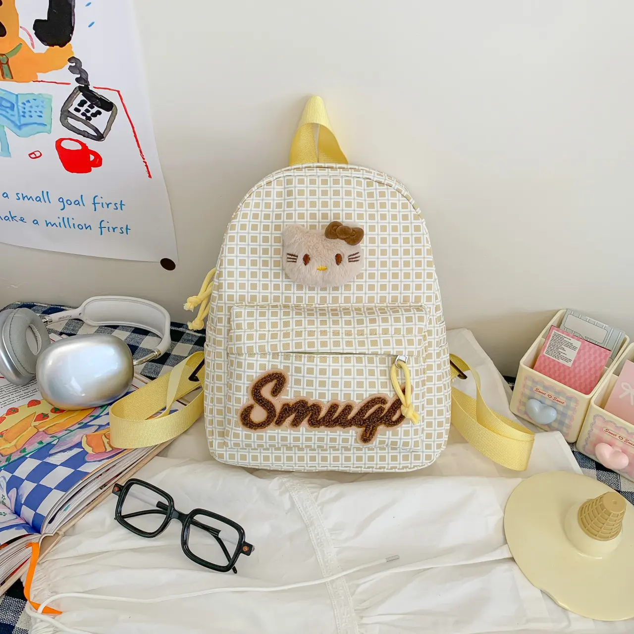 Cute Mini Grid Backpack with Hello Kittys Plush Pendant Smug Embroidery Small School Bag