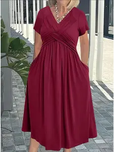 Plus Size V Neck Cross Ruched Midi Dress, With Pockets, Loose Curvy Friendly Mom Lady Dress, Casual wear
