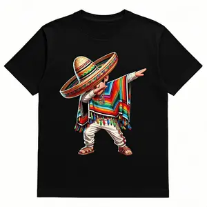 Mens Casual Cotton Graphic Crewneck TShirt Featuring Mexican Sombrero Poncho Dab Dance Print Ideal for Fiesta Father's Day Gift and Fall Streetwear