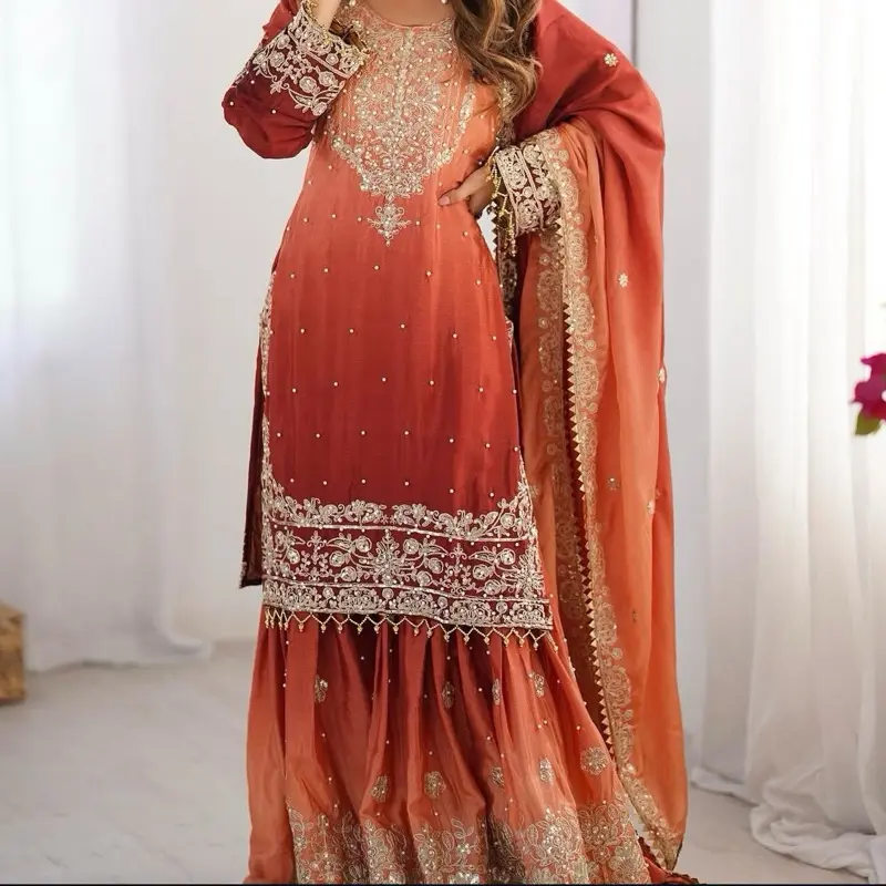 Indian Pakistani Wedding Gharara Suit with Pearls and Sequin Embroidery Two Tone Shade for Festive Occasions