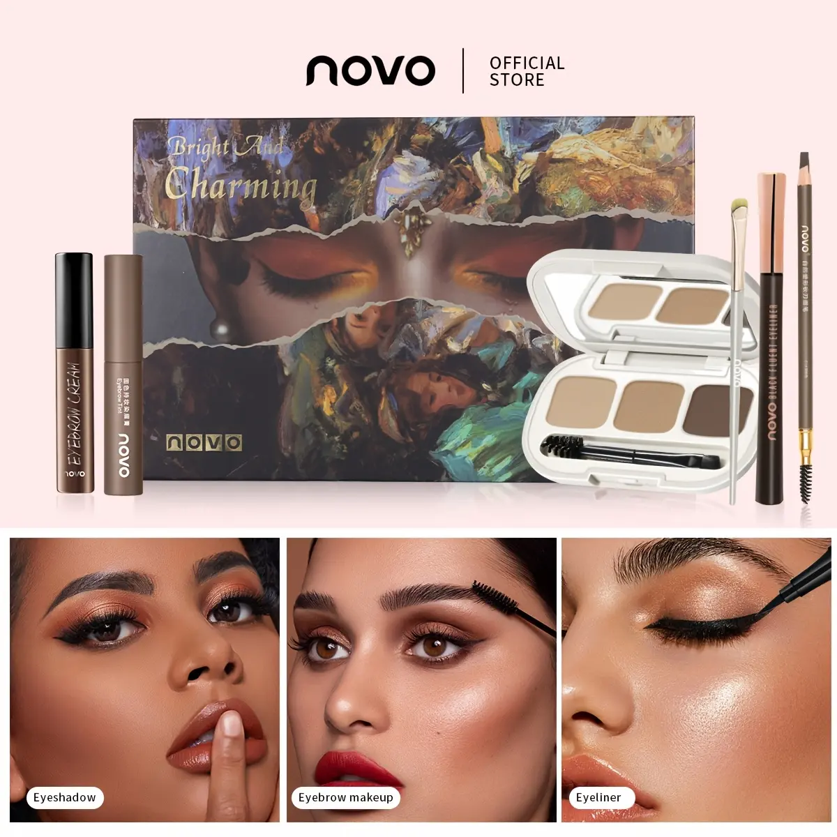 NOVO Eye Makeup Set Includes 7 Pieces: An Eyeshadow Palette, Eyebrow Pencil, Eyeshadow Brush, Eyeliner, Eyebrow Mascara, Three-color Eyebrow Powder, And Mascara. It's Versatile, Portable, And Offers A Variety Of Makeup Styles
