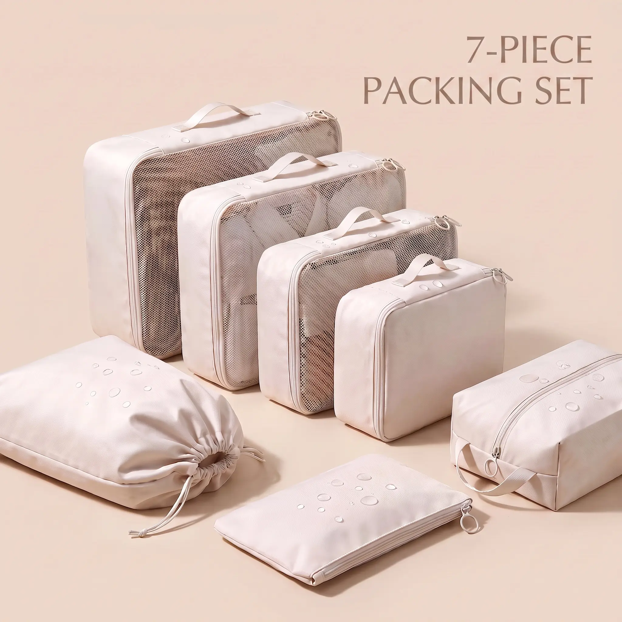 7-Pack Oxford Fabric Travel Packing Cubes Set - Partitioned Luggage Storage Organizer with Mesh Panels, Draw String Bag for Travel Use Clothing, Shoes, Toiletries