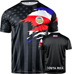 Costa Rican American Flag T-Shirt | Ripped Costa Rica Coat of Arms & Blackout USA Stars Graphic Tee | Unisex Heritage Sports Jersey