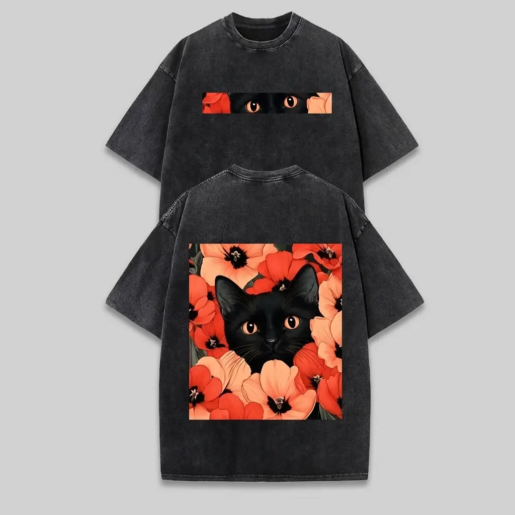 Vintage Washed Cotton T-shirt - Black Cat and Floral Print (Front/Back) - Y2K Street Style - Loose Fit Unisex Top - Soft Beige Base Fabric - Everyday Casual Shirt - Machine Washable for All Seasons, Street Trend, Vintage Aesthetics, Comfortable Material,