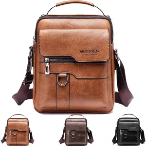 WEIXIER Men's Crossbody Bag, PU Leather, Women's Shoulder Bag, Classic Retro Street Style, Large Capacity, Multiple Compartments, Adjustable Shoulder Strap, Suitable for Business, Hiking, Daily Commute, Wallet, Personalized Briefcase, Perfect Holiday Gift