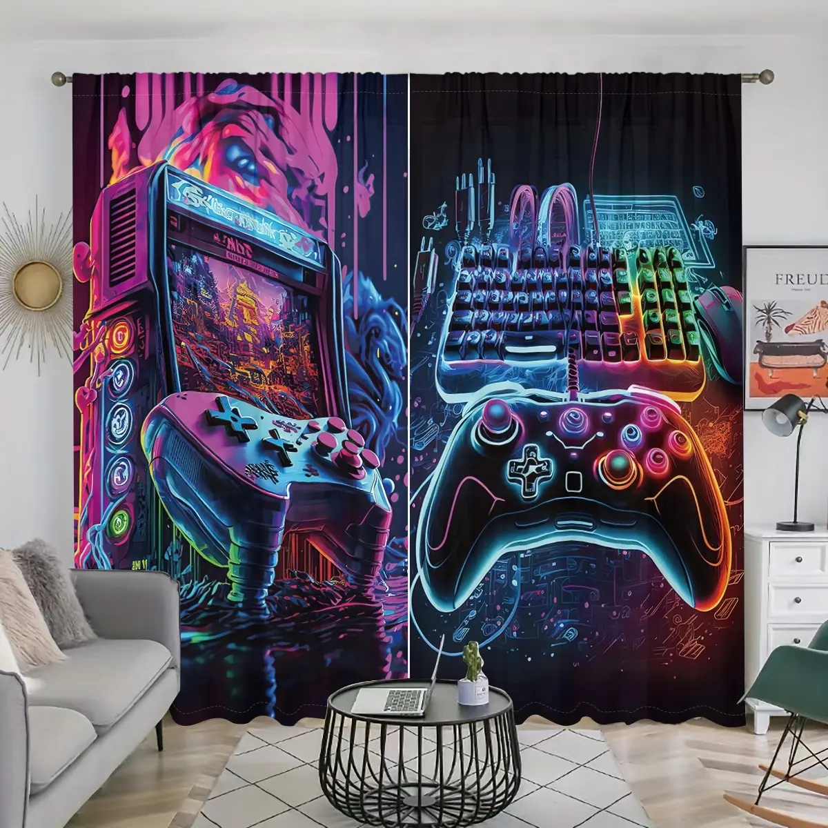 Vintage Game Controller Curtains Set of 2, Bedroom Living Room Office Window Drapes, Home Decoration Curtain, Polyester Fiber, Vivid Design, Window Decorations Supplies