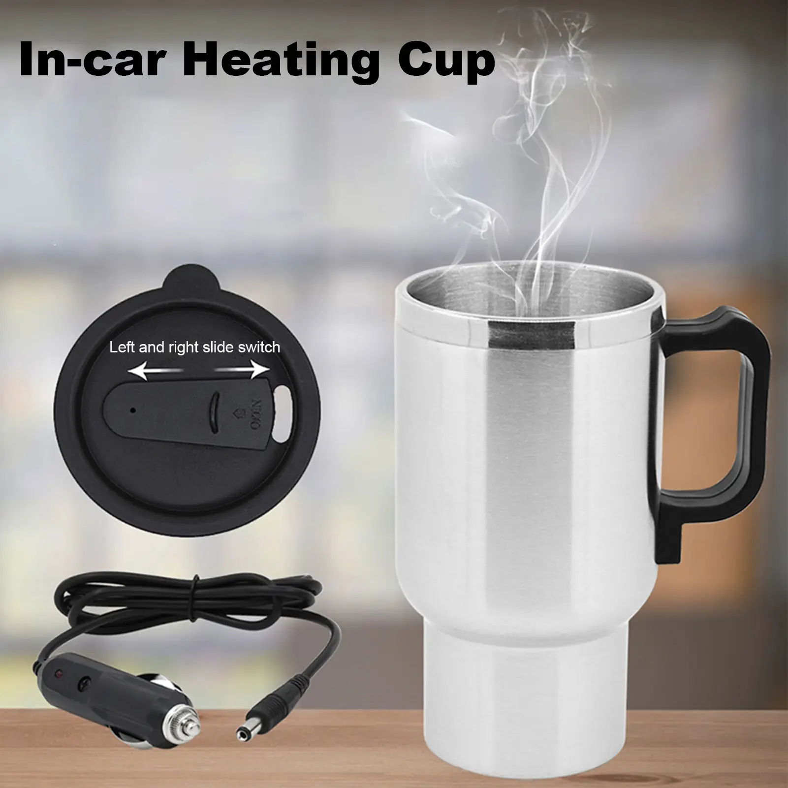 Car Electric Kettle Stainless Steel In-car Kettle Travel Thermoses Heating Water Bottle Heating Cup with Indicator Light Powered by Cigarette Lighter Charger Base for Water Tea Coffee Milk Car Kettle